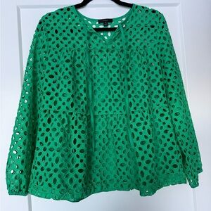 J. Crew Vibrant Green Eyelet Peplum cut Blouse